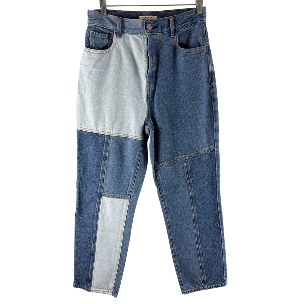 PacSun High Rise Straight Patchwork Jeans Sz 27 Button Fly Blue Colorblock Denim